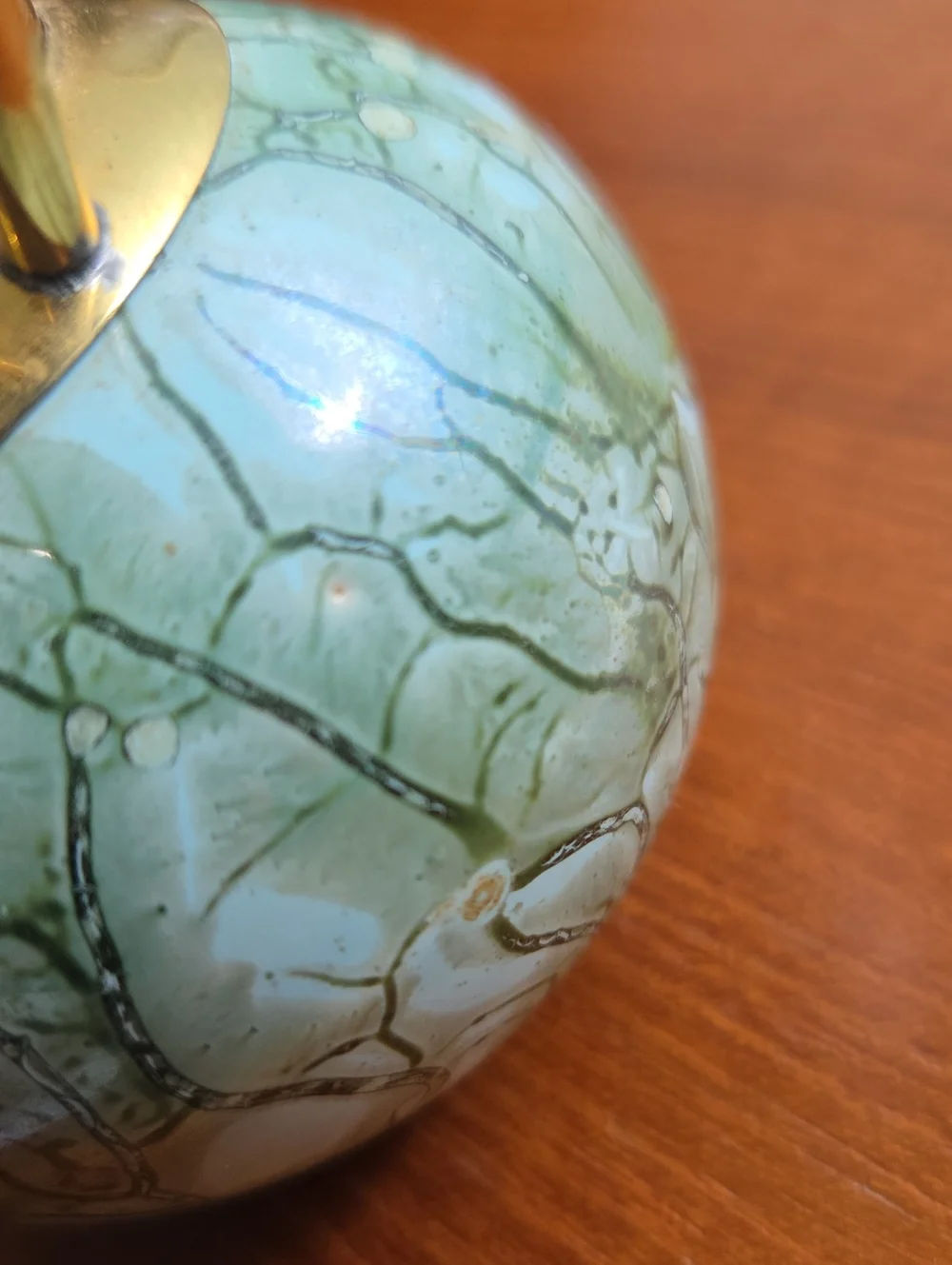 Vintage Old Dutch Delft Handle in Holland Blue-Green Ceramic P with Brass Accent